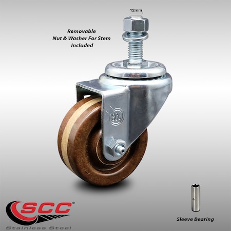 Service Caster 3 Inch SS High Temp Phenolic Wheel Swivel 12mm Threaded Stem Caster SCC SCC-SSTS20S314-PHSHT-M1215